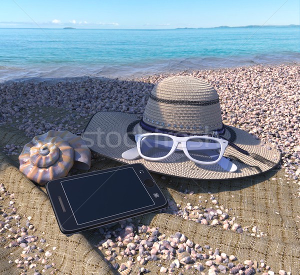 relaxing vacation concept background with seashell, iphone and beach accessories Stock photo © denisgo