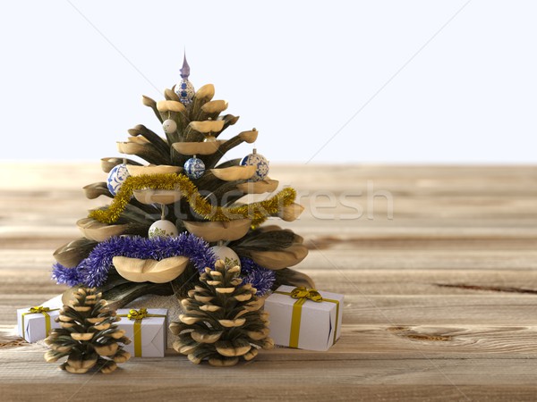 Christmas cone with gifts on wood texture concept holiday background Stock photo © denisgo