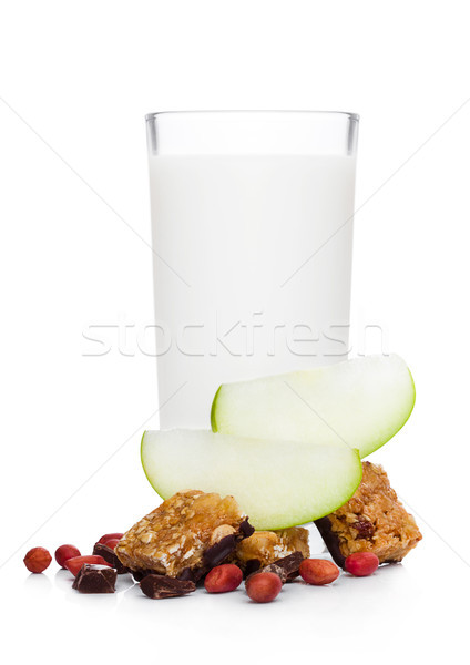 Cereal bar with apple chocolate and glass of milk Stock photo © DenisMArt