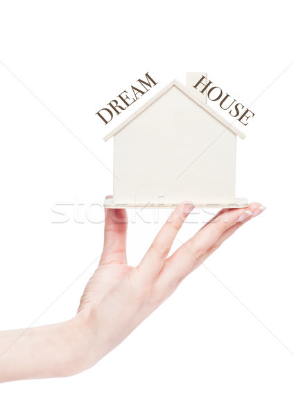 Female hand holding wooden house model with text Stock photo © DenisMArt