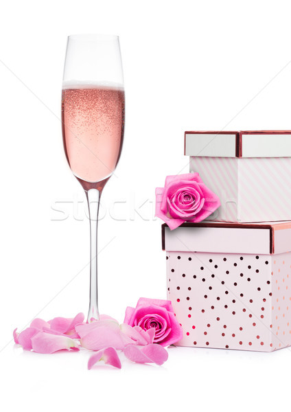 üveg rózsaszín pezsgő ajándék doboz rózsa valentin nap Stock fotó © DenisMArt