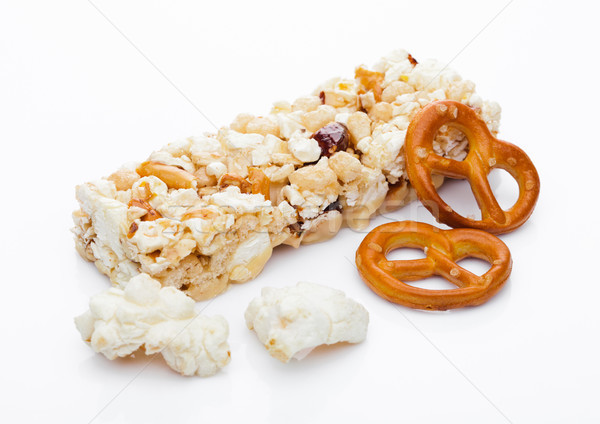 Popcorn protein cereal energy bar with pretzel Stock photo © DenisMArt