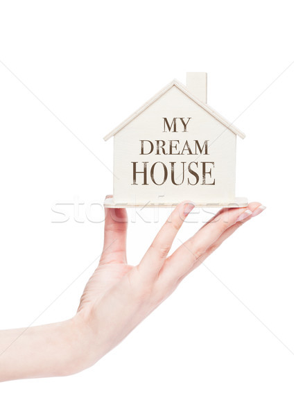 Stock foto: Weiblichen · Hand · halten · Holz · Haus · Modell