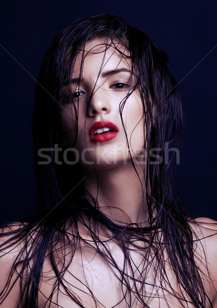 Beauty makeup wet hair fashion model red lips Stock photo © DenisMArt