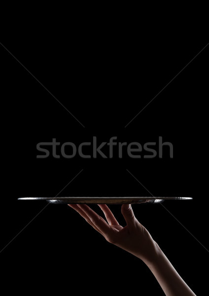 Female hand holds stainless steel catering tray Stock photo © DenisMArt