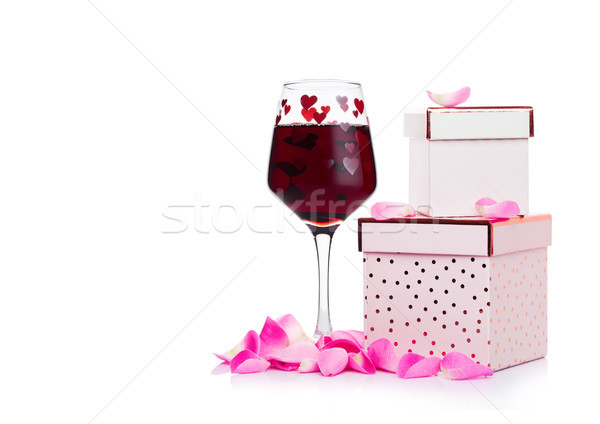 [[stock_photo]]: Verre · vin · rouge · coeur · rose · coffret · cadeau · rose