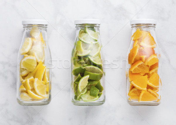 Stock foto: Flaschen · Orangen · Zitronen · Scheiben · frischen · Sommer