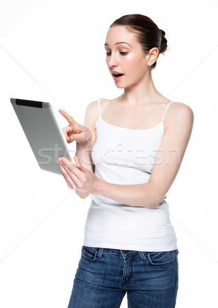 Piękna kobieta Internetu tabletka biały komputera domu Zdjęcia stock © DenisMArt