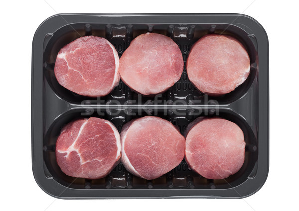 [[stock_photo]]: Brut · porc · steak · tranches · plastique · plateau