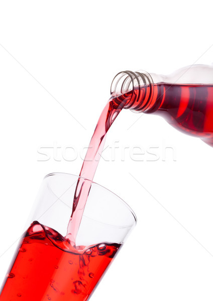 Stock photo: Pouring cranberry red juice from bottle to glass 