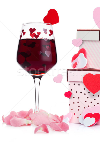 Zdjęcia stock: Szkła · wino · czerwone · serca · różowy · szkatułce · wzrosła