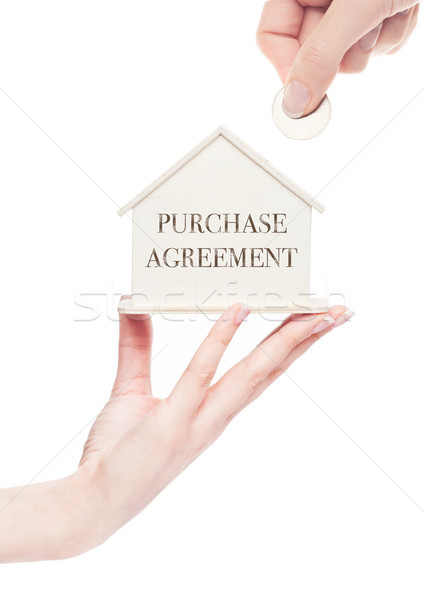 Female hand holding wooden house model with coin Stock photo © DenisMArt