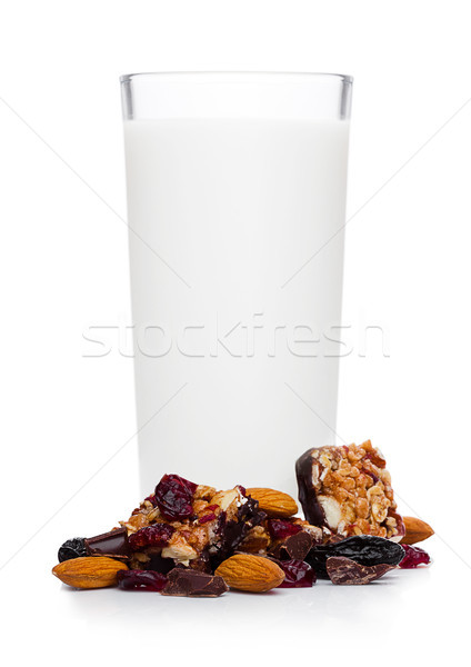 Cereal bar bits almond chocolate and glass of milk Stock photo © DenisMArt