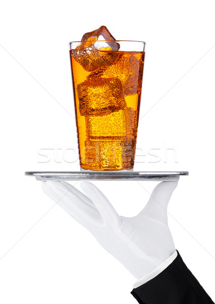 Hand with glove holds tray with energy drink glass Stock photo © DenisMArt