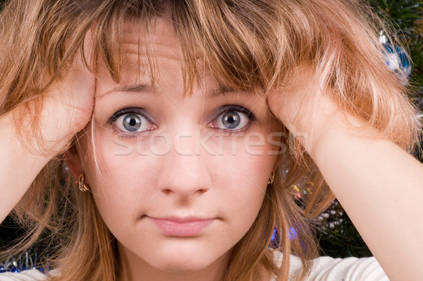 Foto stock: Dolor · de · cabeza · rubio · cabeza · nina