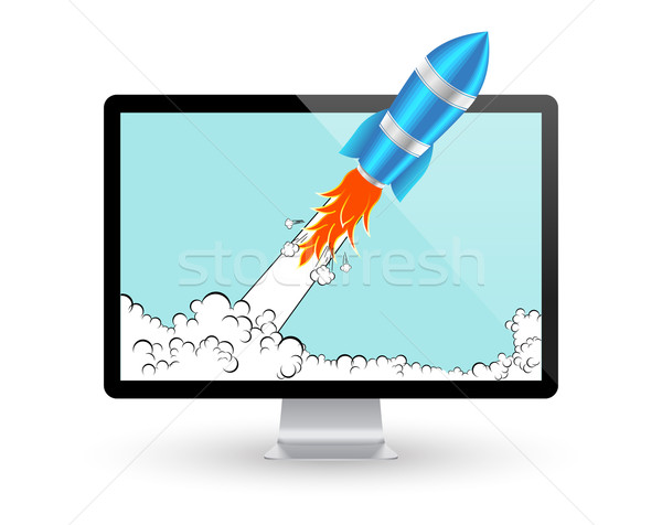 Rocket and computer screen. Startup Comic or Project Development Concept. Vector Icon Stock photo © Designer_things