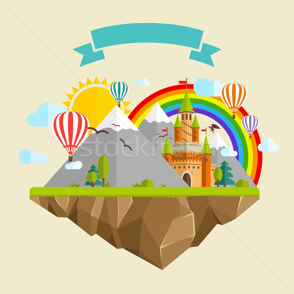 Flying island with Fairy Tale Castle, Balloons, Mountains, Clouds, Trees, Sun, Rainbow, Dragon and R Stock photo © Designer_things