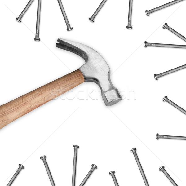 Stock foto: Hammer · Nägel · weiß · Bau · Hintergrund · Arbeitnehmer