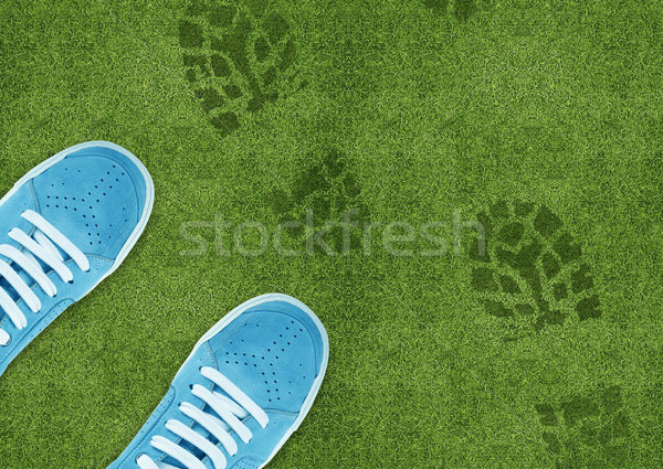 Shoe print on green grassland Stock photo © designsstock