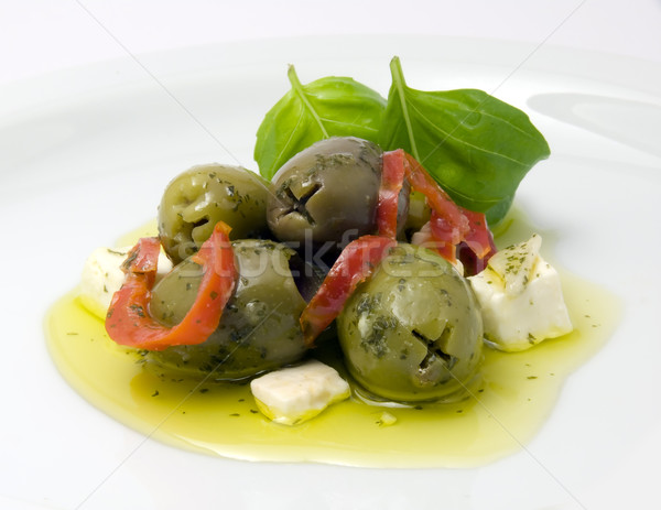 Olijven feta basilicum olijfolie kruis keuken Stockfoto © devulderj