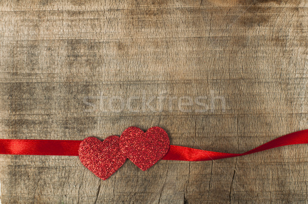 Vörös szalag szalag kettő szívek fából készült boldog Stock fotó © deyangeorgiev