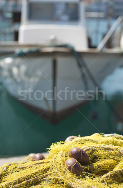 Hal csónak citromsárga net Görögország víz Stock fotó © deyangeorgiev