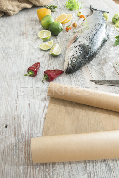 生 鮭 魚 氷 野菜 白 ストックフォト © deyangeorgiev