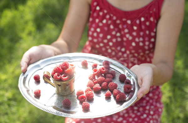 Femme tasse framboises robe rouge mains [[stock_photo]] © deyangeorgiev