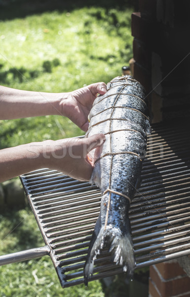 Somon peşte grătar în aer liber gătit Imagine de stoc © deyangeorgiev