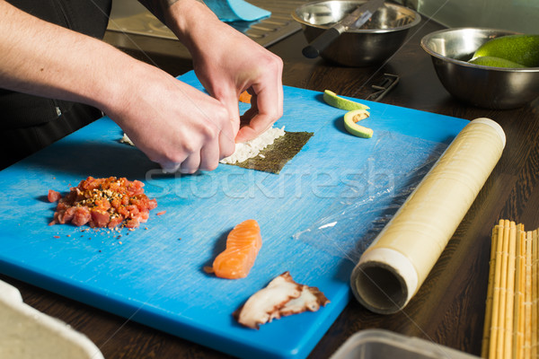 ストックフォト: 寿司 · バー · レストラン · 表 · 赤 · 黒