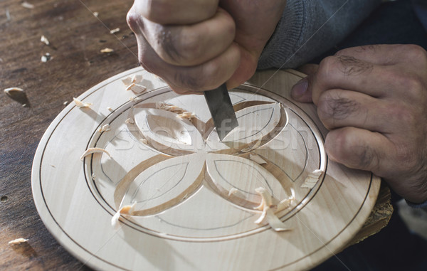 Woodcarver makes threaded plate Stock photo © deyangeorgiev