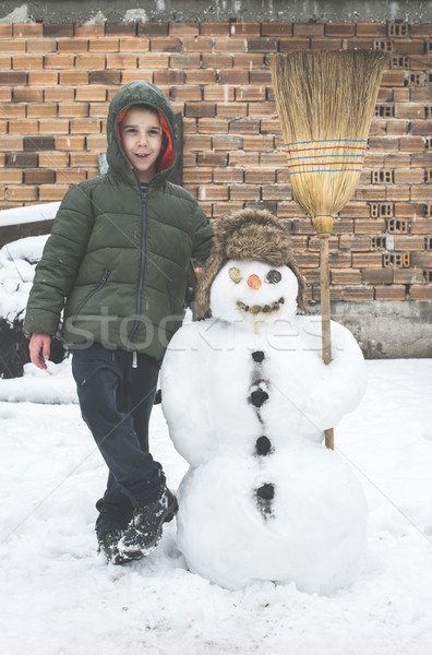 Snowman and child in the yard Stock photo © deyangeorgiev