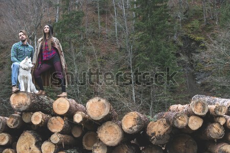 Young man and dog on logs in the forest Stock photo © deyangeorgiev