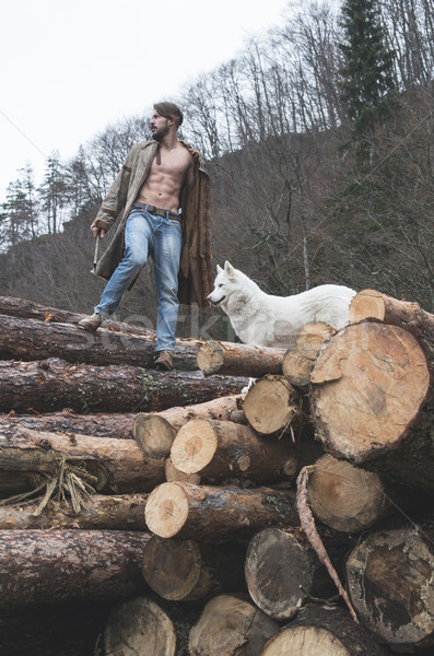 Young man and dog on logs in the forest Stock photo © deyangeorgiev