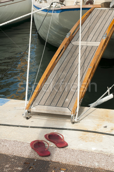 ヨット 搭乗 はしご 木材 太陽 海 ストックフォト © deyangeorgiev