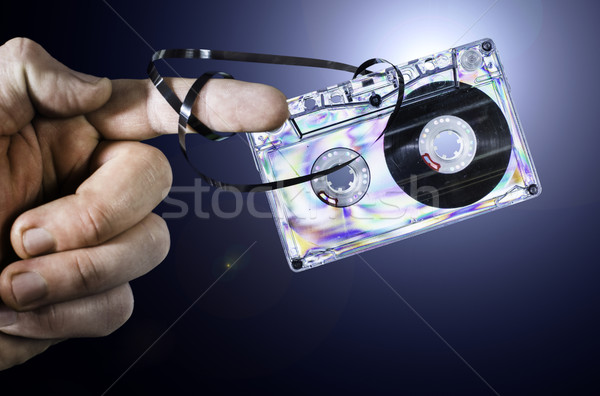 Hand vintage cassette tape donkere Stockfoto © deyangeorgiev