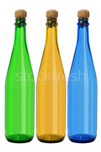 Tres vidrio botellas vacío blanco azul Foto stock © dezign56
