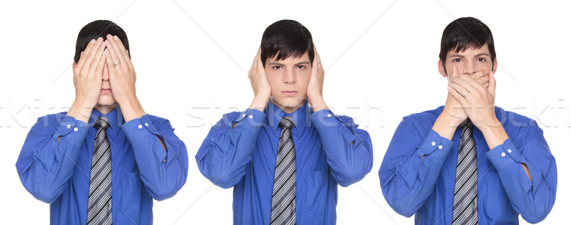 See No Evil poses - Caucasian businessman covering eyes ears and Stock photo © dgilder