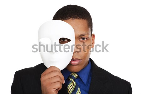 Geschäftsmann Kostüm Maske isoliert halten Stock foto © dgilder
