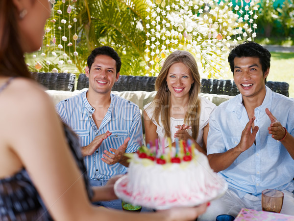 Barátok torta születésnapi buli italok boldog kaukázusi Stock fotó © diego_cervo