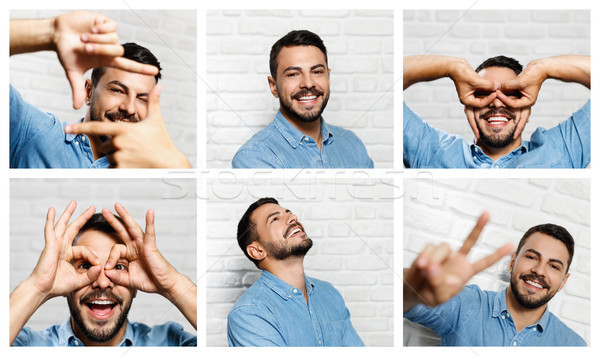 мимике молодые борода человека кирпичная стена портрет Сток-фото © diego_cervo