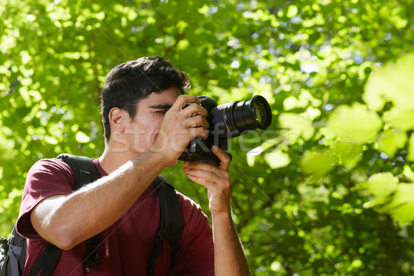 Imagine de stoc: Tineri · masculin · fotograf · Drumeţii · pădure · Hispanic