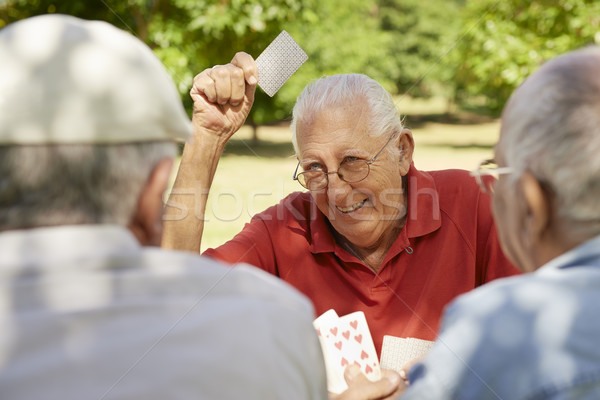 Stock photo: Active seniors, group of old friends playing cards at park