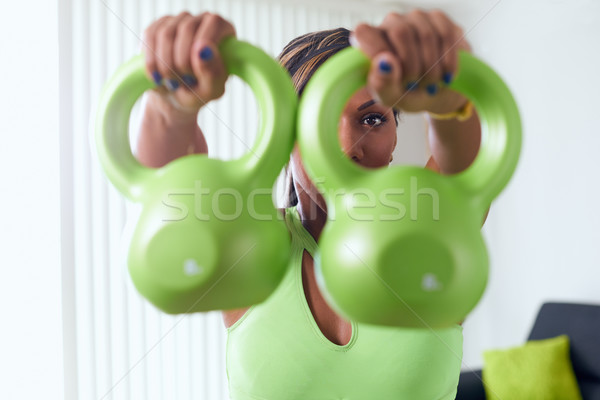 Stock photo: Home Fitness Black Woman Training Shoulders With Weights