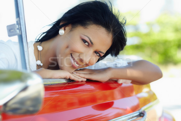 Stock fotó: Gyönyörű · nő · cabrio · autó · fiatal · felnőtt · barna · hajú · nő