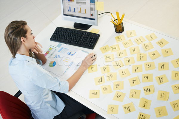 Stock foto: Klebstoff · stellt · fest · müde · business · woman · Tabelle