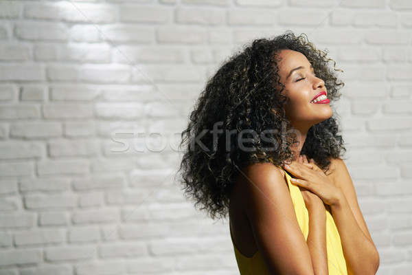 Arckifejezések fiatal afroamerikai nő téglafal portré boldog Stock fotó © diego_cervo