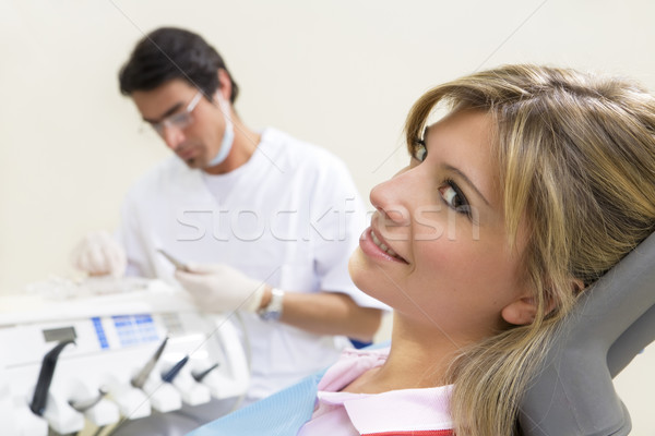 Foto stock: Dentista · dentales · de · trabajo · silla · femenino