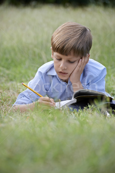 Young school boy doing homework alone, lying on grass Stock photo © diego_cervo