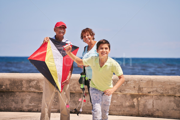 Aile erkek dedesi uçan uçurtma deniz Stok fotoğraf © diego_cervo